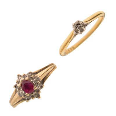Lot 15 - 9ct gold ruby and diamond cluster ring and 18ct yellow metal diamond ring