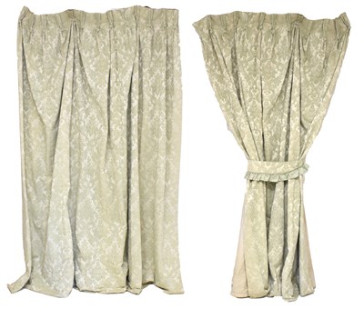 Lot 694 - Pair of pale green damask style cotton lined curtains