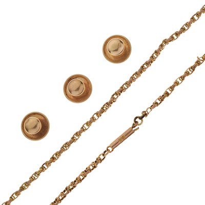 Lot 159 - Three 9ct gold button studs, circa 1950s and a necklace