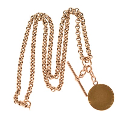 Lot 105 - 9ct gold belcher chain with T-bar, and rubbed guinea