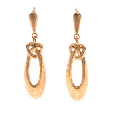 Lot 136 - Pair of 9ct gold Celtic knot drop earrings
