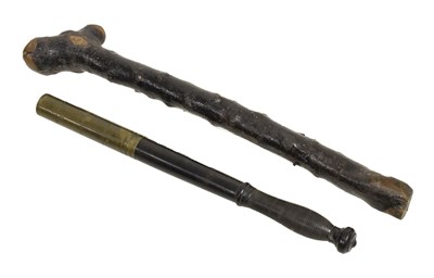 Lot 227 - Early 19th century treen and brass truncheon or night stick, plus a shillelagh