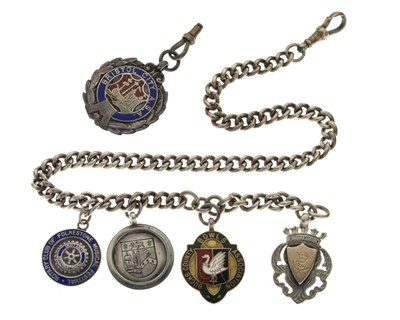 Lot 138 - Silver graduated curb link Albert and sporting fob medallions
