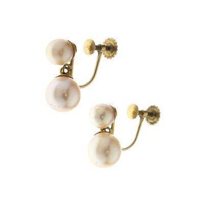 Lot 135 - Pair of cultured pearl drop earrings, stamped '9ct'