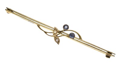 Lot 68 - Sapphire and seed pearl yellow metal bar brooch