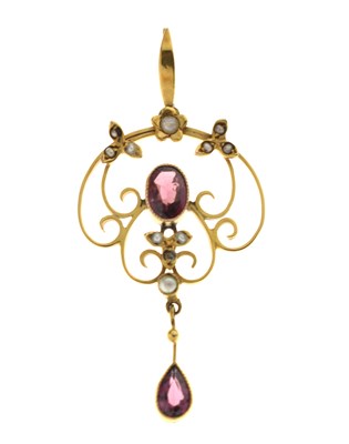 Lot 96 - Edwardian gem-set and seed pearl yellow metal pendant, stamped '9ct'