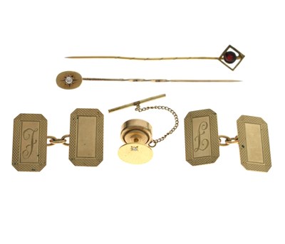 Lot 139 - Pair of 9ct gold cufflinks, two tie pins and a collar stud