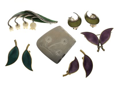 Lot 148 - David Anderson, Norway - Sterling silver and enamel leaf brooch and earrings, etc