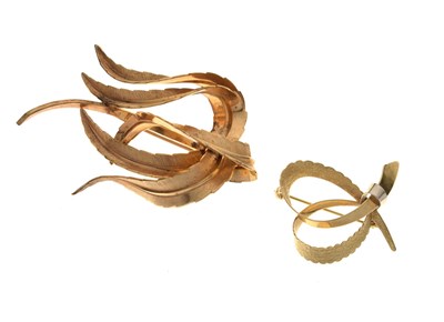 Lot 69 - 9ct gold brooch in the form of a ribbon plus a rolled gold brooch