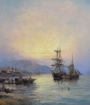 Lot 391 - Charles Thornely (British, fl. 1858-1898) - Oil on canvas - Masted sailing ships and fishing boats
