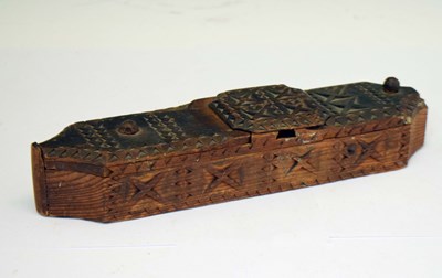 Lot 235 - Unusual 18th century chip-carved pine puzzle box