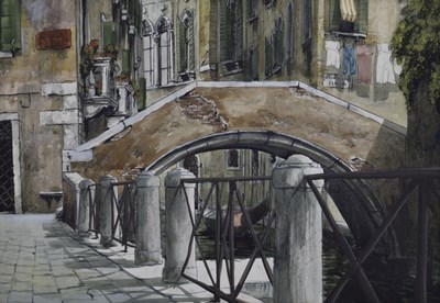 Lot 402 - 20th century Italian School - Watercolour and mixed media - Venetian canal