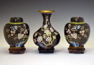 Lot 580 - Pair of Chinese cloisonné black ground ginger jars