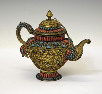 Lot 356 - Tibetan coral and turquoise-mounted gilt metal teapot
