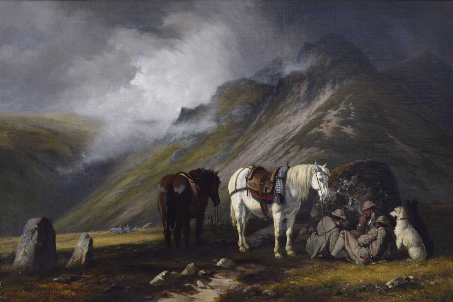 Lot 396 - Charles Grey, RHA (Irish, 1798-1892) - Oil on canvas - Ghillies sheltering on a moorland