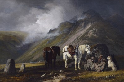 Lot 396 - Charles Grey, RHA (Irish, 1798-1892) - Oil on canvas - Ghillies sheltering on a moorland