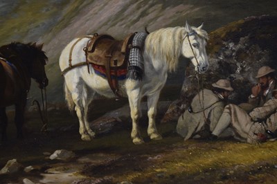Lot 396 - Charles Grey, RHA (Irish, 1798-1892) - Oil on canvas - Ghillies sheltering on a moorland