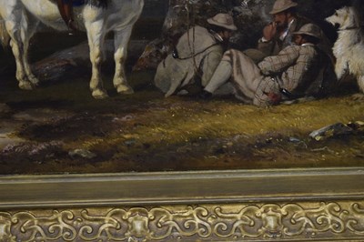 Lot 396 - Charles Grey, RHA (Irish, 1798-1892) - Oil on canvas - Ghillies sheltering on a moorland