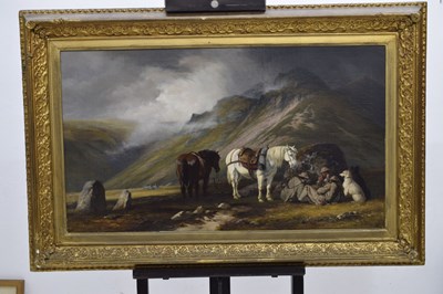 Lot 396 - Charles Grey, RHA (Irish, 1798-1892) - Oil on canvas - Ghillies sheltering on a moorland