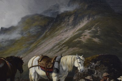 Lot 396 - Charles Grey, RHA (Irish, 1798-1892) - Oil on canvas - Ghillies sheltering on a moorland