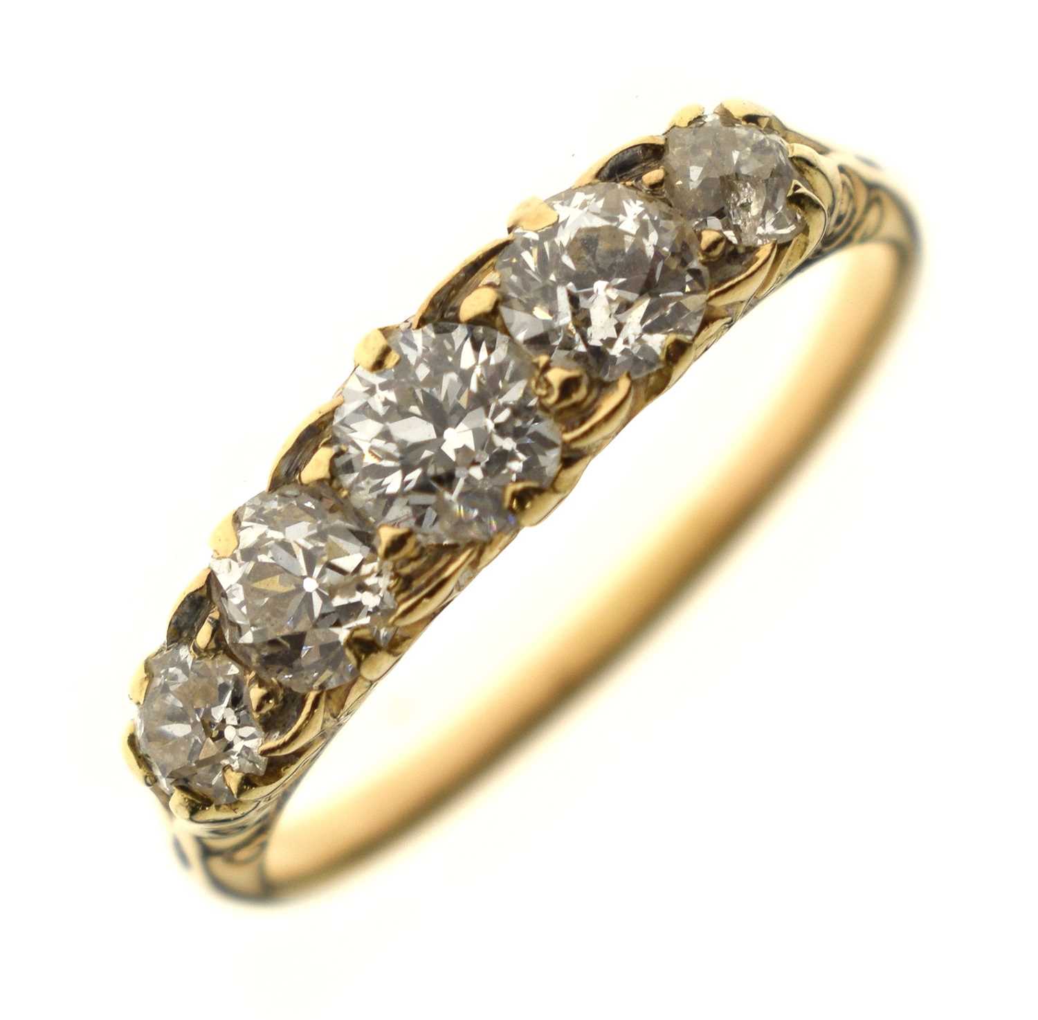 Lot 8 - Unmarked yellow metal five-stone diamond ring