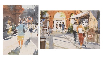 Lot 634 - Gerald Green (b.1947) - Two watercolours - 'Along the Strand, London', and 'Shoppers in the Arcade'