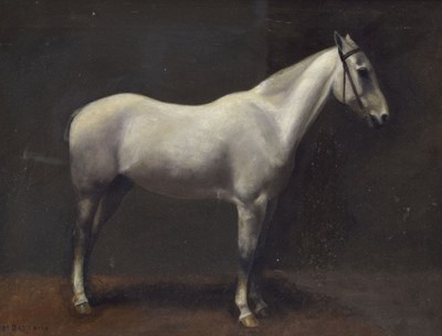 Lot 410 - Margaret Battams (1881-1974) - Oil on canvas - Grey Hackney horse in stable