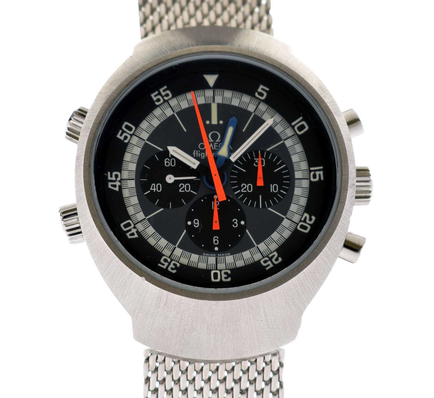 Lot 119 - Omega - Flightmaster stainless steel chronograph bracelet watch, ref. 145.036