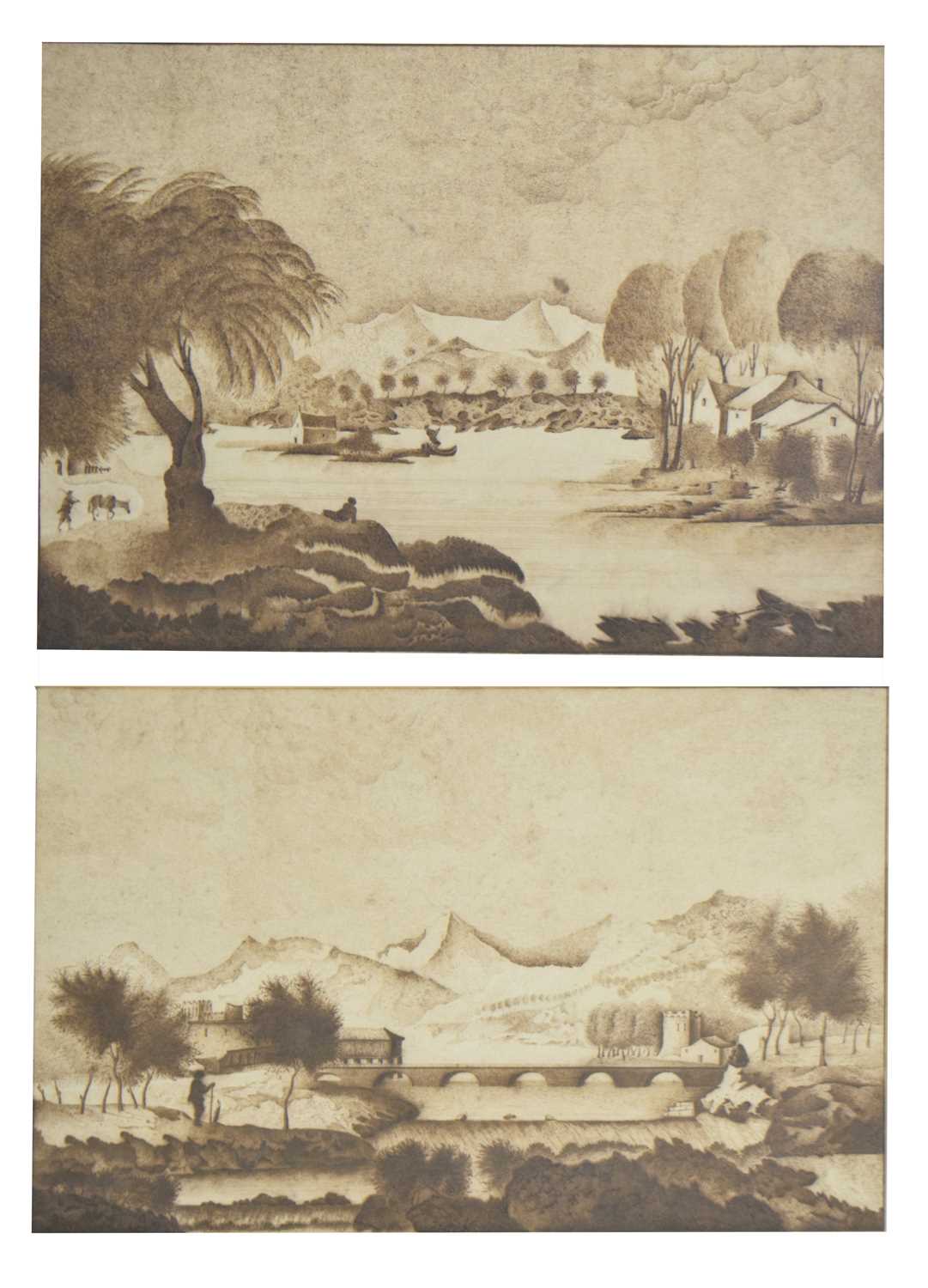 Lot Italian School, circa 1800 - Pair of sepia ink landscapes