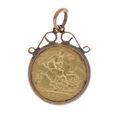 Lot 296 - Edward VII gold half sovereign, 1904, in 9ct gold mount