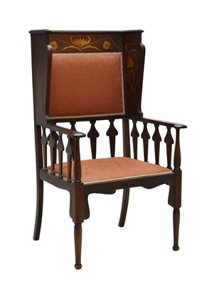 Lot 485 - Art Nouveau inlaid mahogany or beech wing armchair, manner of Shapland & Petter