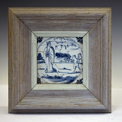 Lot 298 - 18th century English delftware Biblical tile (a/f)