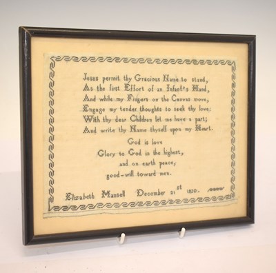Lot 384 - Early 19th century sampler, possibly Quaker
