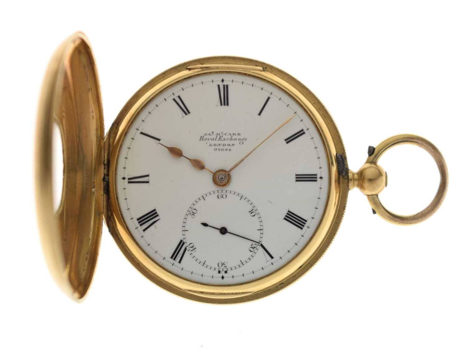 Lot 133 - Mid Victorian 18ct gold half hunter pocket watch, James McCabe, Royal Exchange