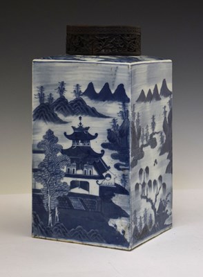 Lot 344 - Large 19th century Chinese blue and white porcelain square section 'landscape' pattern tea canister