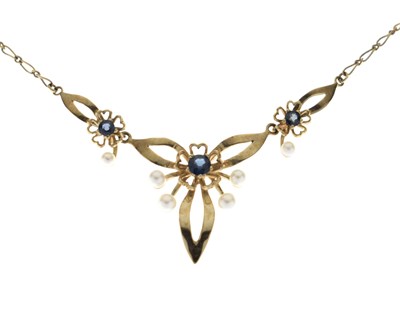 Lot 143 - Sapphire and pearl yellow metal pendant necklace