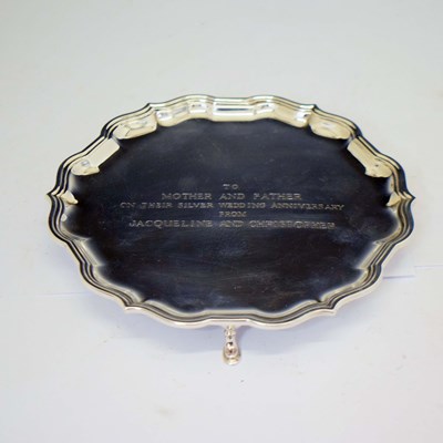 Lot 274 - Elizabeth II silver salver or card tray with pie-crust edge