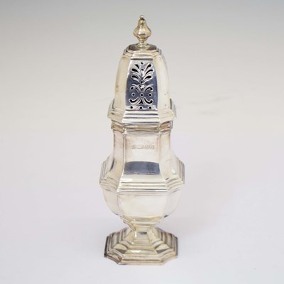 Lot 279 - Elizabeth II silver sugar caster of shaped square form