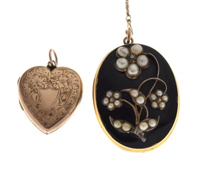 Lot 93 - Victorian seed pearl mourning brooch and a heart shaped locket