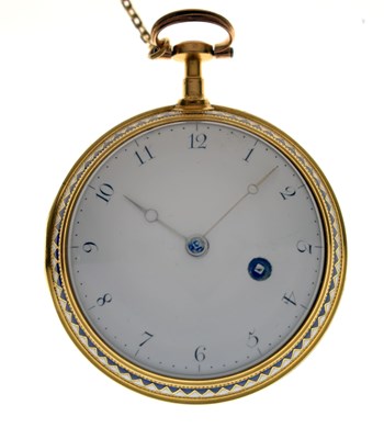 Lot 132 - Early 19th century yellow metal and enamel open face pocket watch, James Upjohn