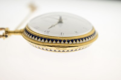 Lot 132 - Early 19th century yellow metal and enamel open face pocket watch, James Upjohn