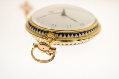 Lot 132 - Early 19th century yellow metal and enamel open face pocket watch, James Upjohn