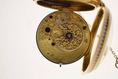 Lot 132 - Early 19th century yellow metal and enamel open face pocket watch, James Upjohn