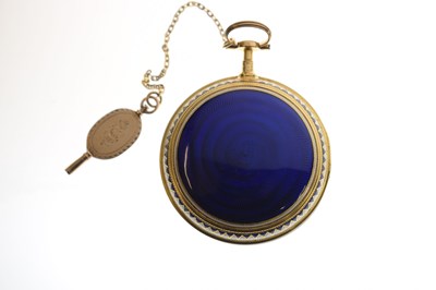 Lot 132 - Early 19th century yellow metal and enamel open face pocket watch, James Upjohn