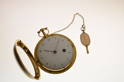 Lot 132 - Early 19th century yellow metal and enamel open face pocket watch, James Upjohn