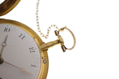Lot 132 - Early 19th century yellow metal and enamel open face pocket watch, James Upjohn