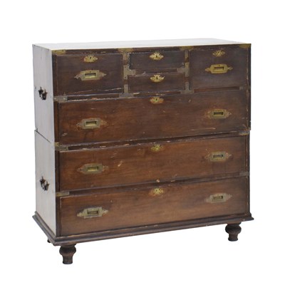 Lot 504 - Late 19th century teak and brass-bound 'Campaign' chest of drawers