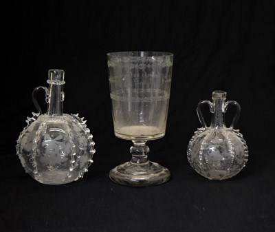 Lot 535 - Two Dutch etched blown glass decanters (Ziratflaske), etc