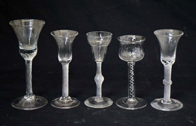 Lot 290 - Five 18th century air twist stem wine or cordial glasses