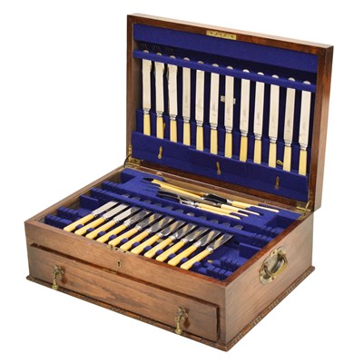 Lot 399 - Early 20th century oak cased canteen of Hanoverian pattern flatware for twelve settings